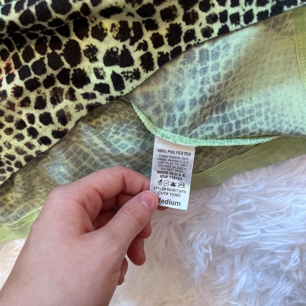 Y2K Green Animal & Floral Print Baby Doll Rhinestone Asymetrical Hem Top Medium - Picture 7 of 8